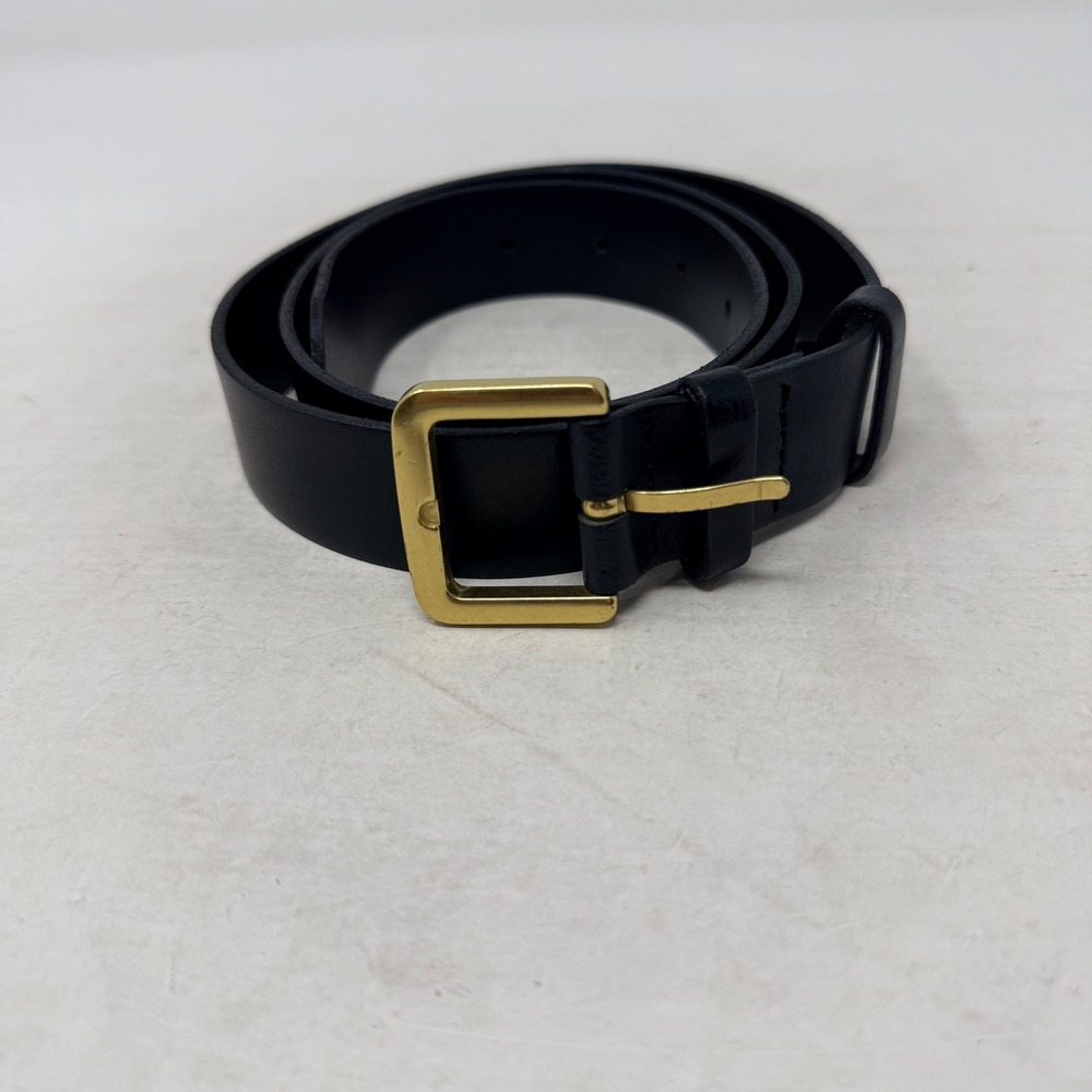 J.Crew Italian Leather Belt Black Small Gold Buckle Minimalist Quiet Luxury